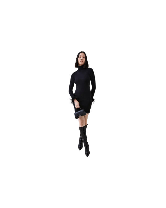 karn millen black-feather-trim-knit-fitted-mini-dress